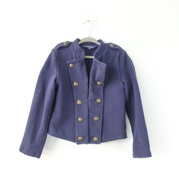 POLO‎ Ralph Lauren Girls Military Jacket 6 Navy Blue Crop Cotton Bronze Button